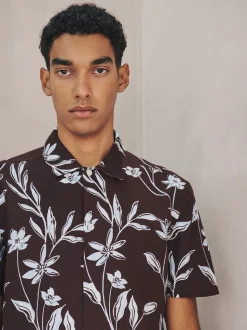 Brown Linen Tencel Blend Floral Print Short Sleeve Shirt