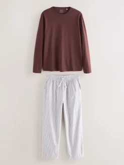 Brown Long Sleeve Stripe Woven Pyjamas Set