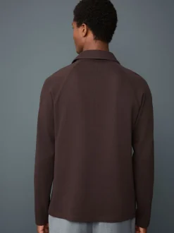 Brown Long Sleeve Textured Waffle Long Sleeve Polo Shirt