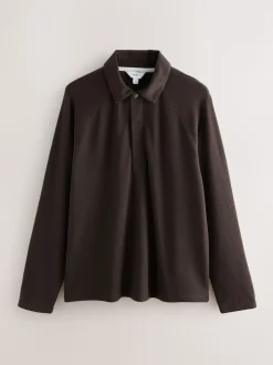 Brown Long Sleeve Textured Waffle Long Sleeve Polo Shirt