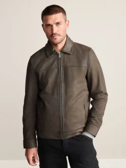Brown Nubuck Signature Leather Collared Jacket