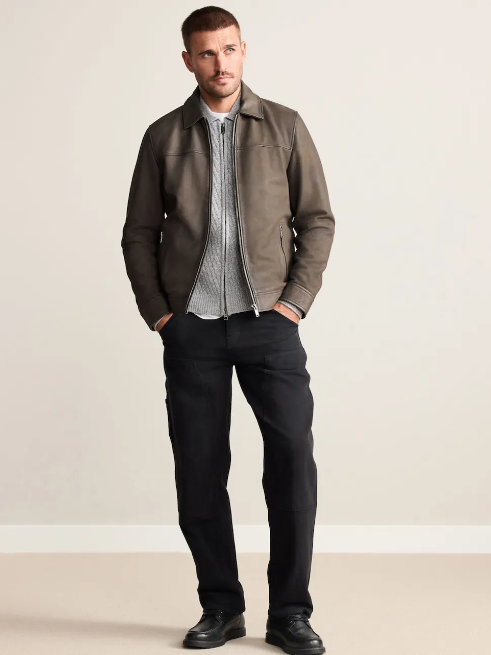 Brown Nubuck Signature Leather Collared Jacket