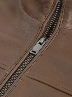 Brown Nubuck Signature Leather Funnel Neck Jacket