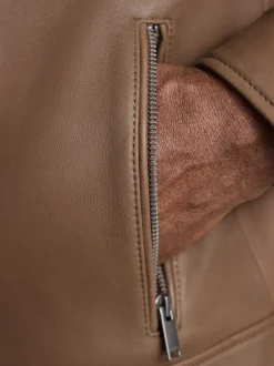 Brown Nubuck Signature Leather Funnel Neck Jacket