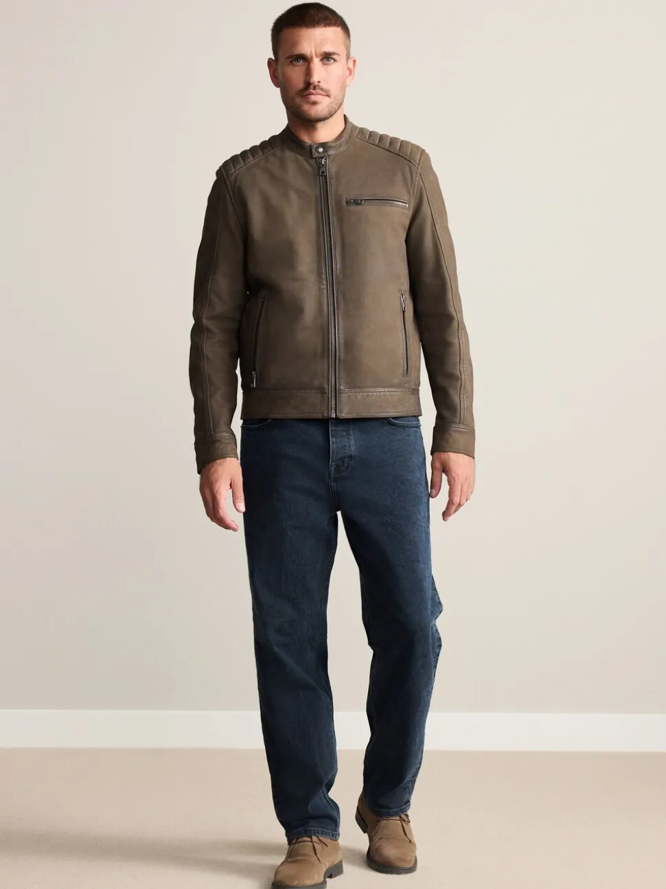 Brown Nubuck Signature Leather Racer Jacket