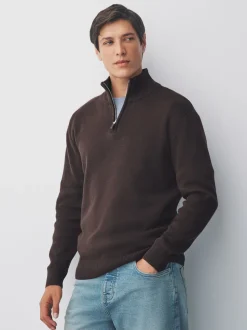 Brown Plain N.Premium Regular Fit 100% Cotton Premium Quarter Zip Jumper