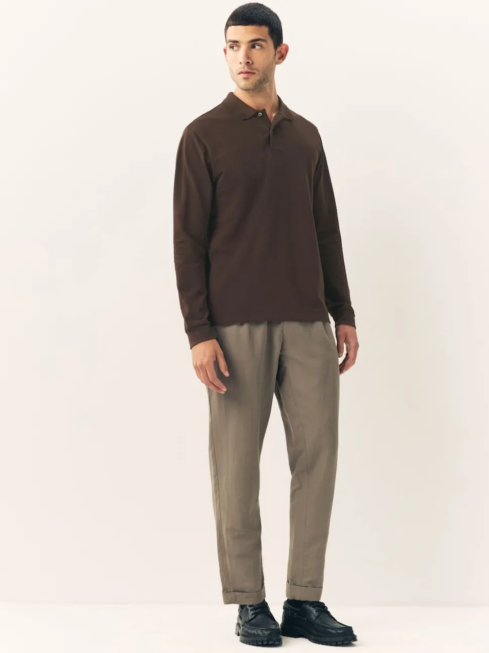 Brown Regular Fit Long Sleeve Pique Polo Shirt