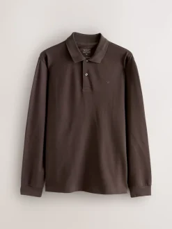 Brown Regular Fit Long Sleeve Pique Polo Shirt