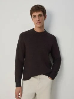 Brown Regular Fit Textured Crew Jumper