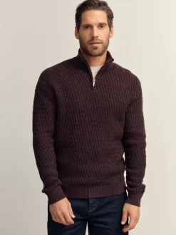 Brown Regular Fit Textured Quarter Zip Neck Jumper