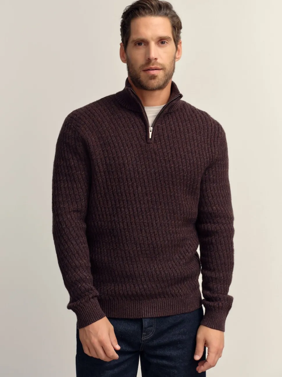 Brown Regular Fit Textured Quarter Zip Neck Jumper