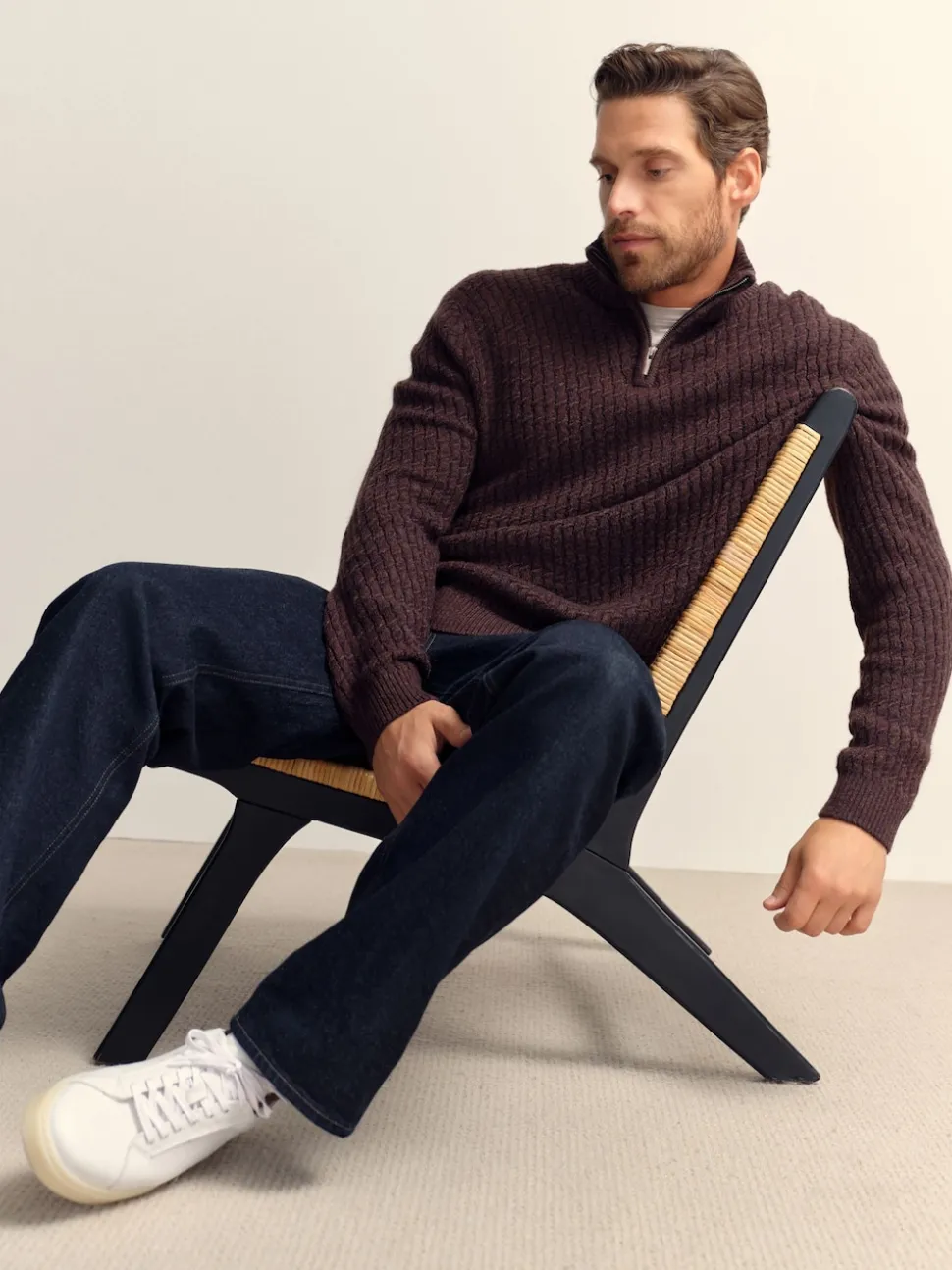 Brown Regular Fit Textured Quarter Zip Neck Jumper