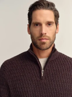 Brown Regular Fit Textured Quarter Zip Neck Jumper
