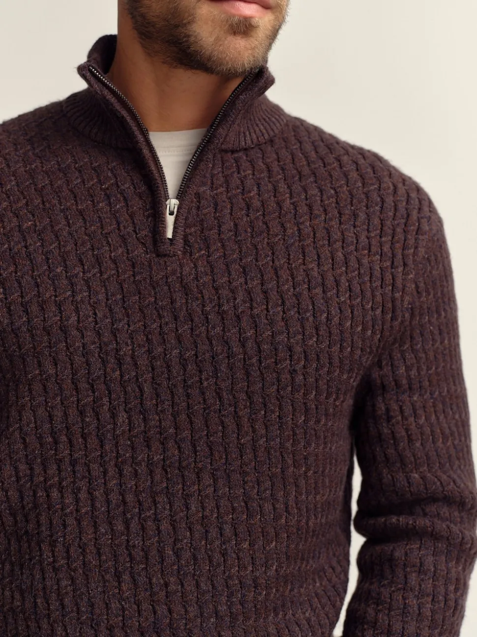 Brown Regular Fit Textured Quarter Zip Neck Jumper