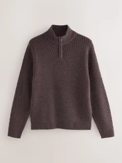 Brown Regular Fit Textured Quarter Zip Neck Jumper