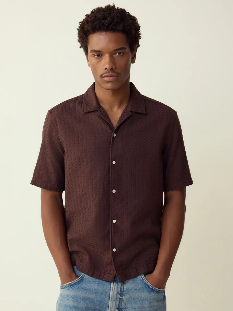 Brown Regular Fit Textured Waffle Short Sleeve Shirt