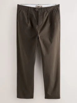 Brown Regular Tapered Fit Single Pleated Stretch Chinos Trousers
