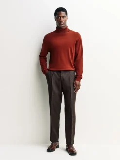 Brown Regular Tapered Fit Smart Textured Trousers With Wool