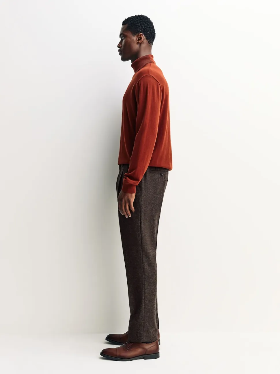 Brown Regular Tapered Fit Smart Textured Trousers With Wool