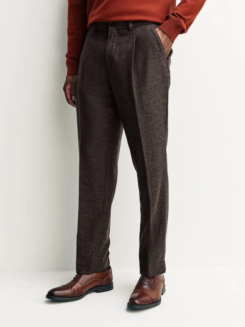 Brown Regular Tapered Fit Smart Textured Trousers With Wool