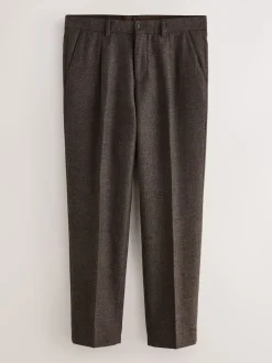 Brown Regular Tapered Fit Smart Textured Trousers With Wool