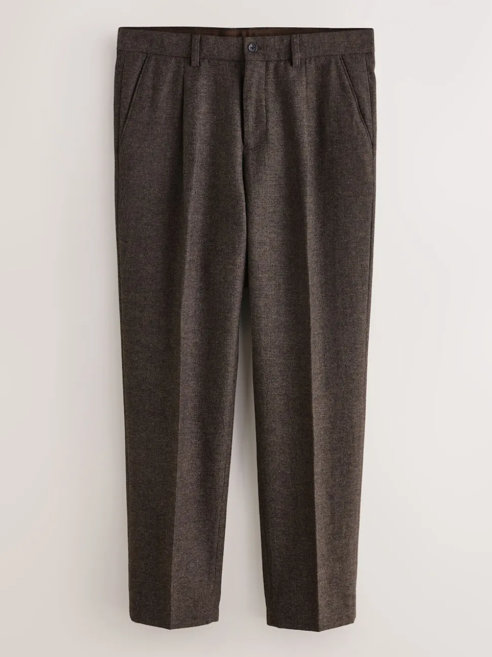 Brown Regular Tapered Fit Smart Textured Trousers With Wool