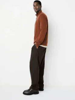 Brown Relaxed Tapered Fit Twin Pleated Stretch Chinos Trousers