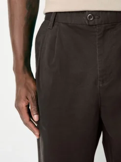 Brown Relaxed Tapered Fit Twin Pleated Stretch Chinos Trousers