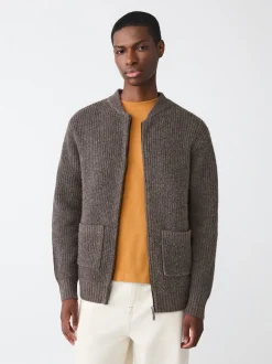 Brown Rib Texture Zip Through Cardigan with Wool