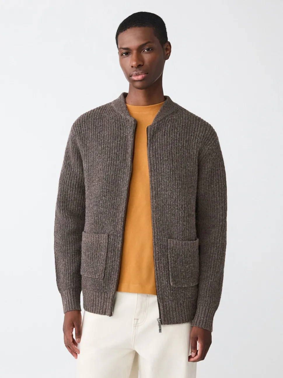 Brown Rib Texture Zip Through Cardigan with Wool