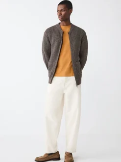 Brown Rib Texture Zip Through Cardigan with Wool