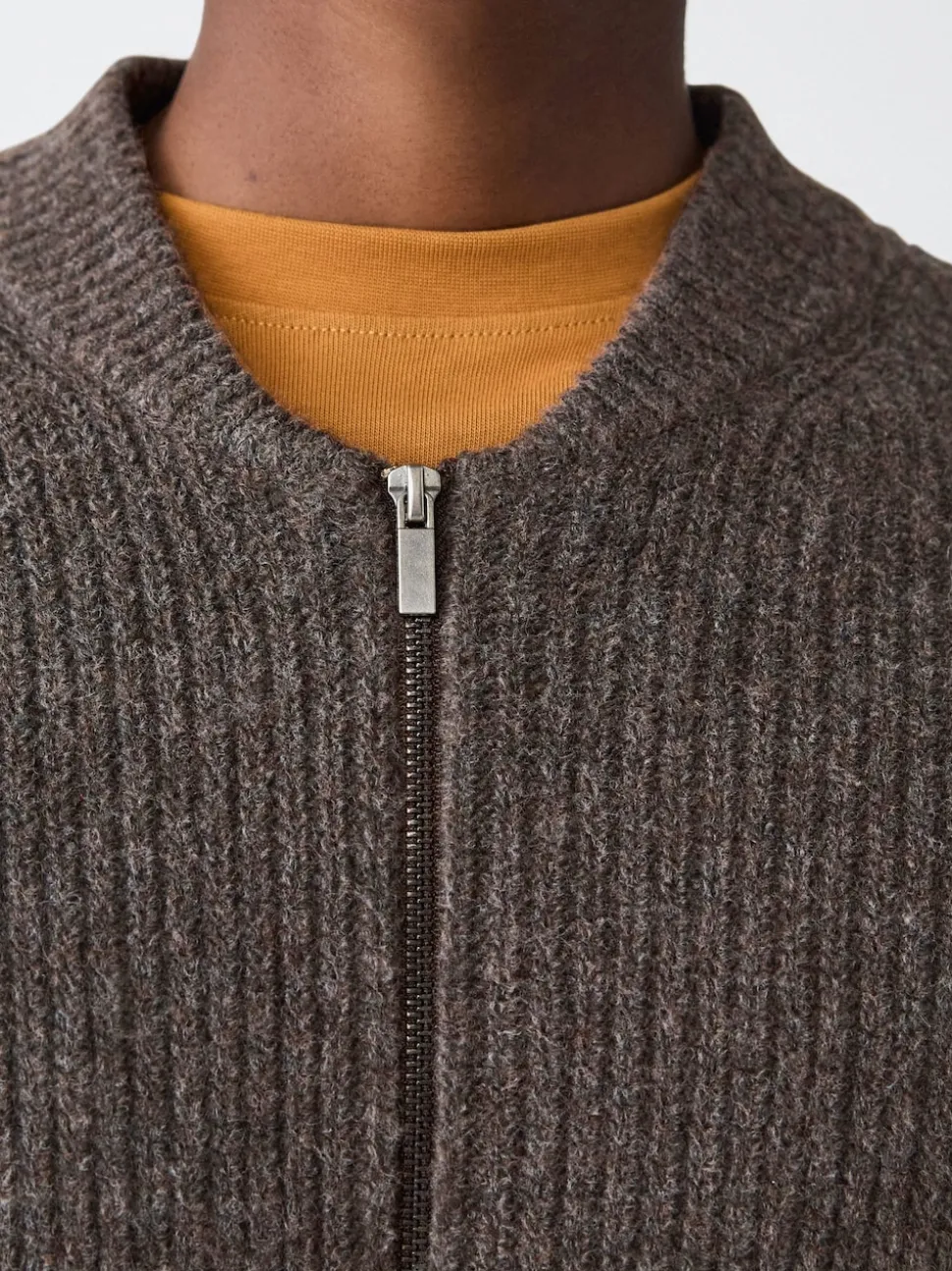 Brown Rib Texture Zip Through Cardigan with Wool