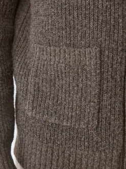 Brown Rib Texture Zip Through Cardigan with Wool