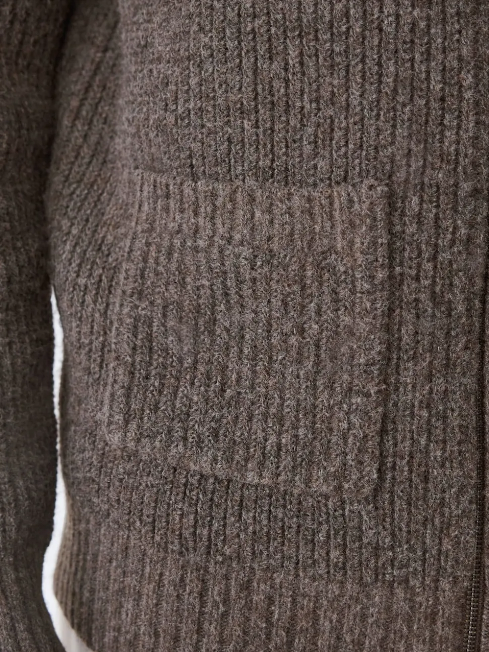 Brown Rib Texture Zip Through Cardigan with Wool