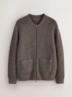 Brown Rib Texture Zip Through Cardigan with Wool