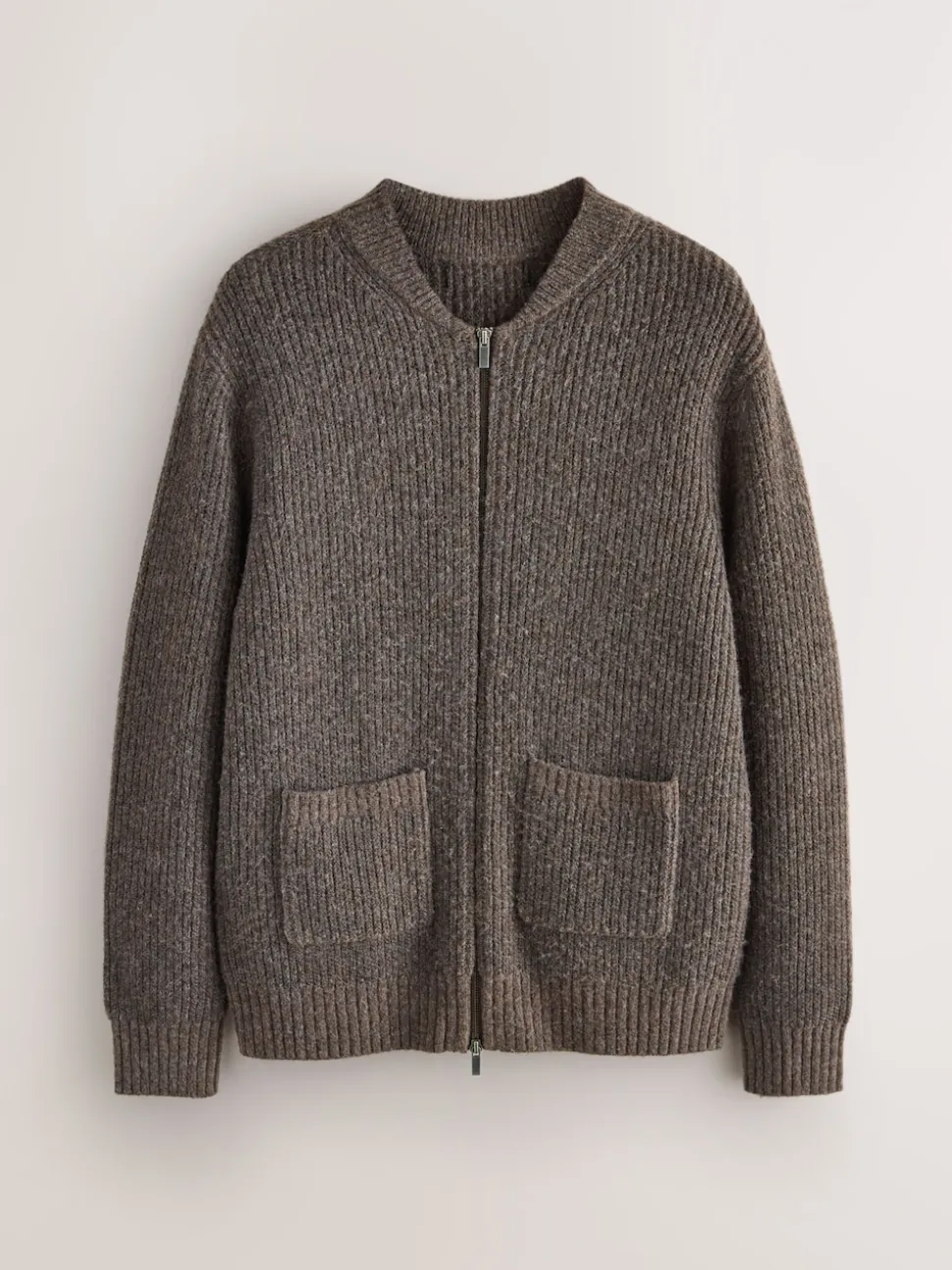 Brown Rib Texture Zip Through Cardigan with Wool
