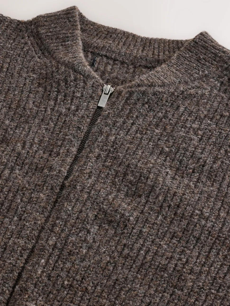 Brown Rib Texture Zip Through Cardigan with Wool