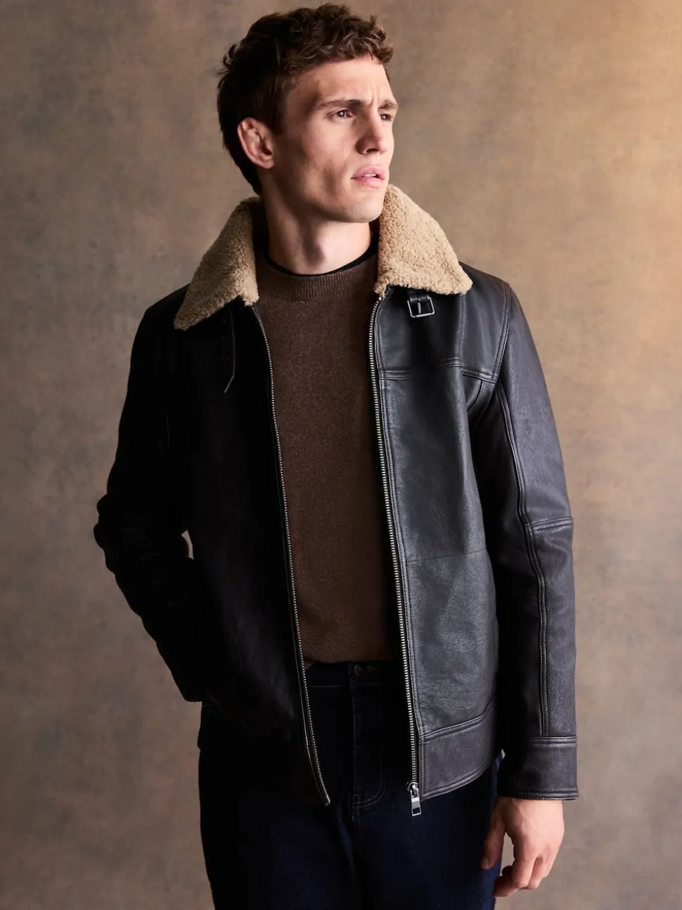 Brown Shearling Collar Leather Jacket