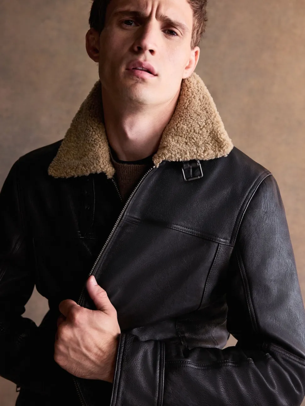 Brown Shearling Collar Leather Jacket
