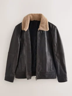 Brown Shearling Collar Leather Jacket