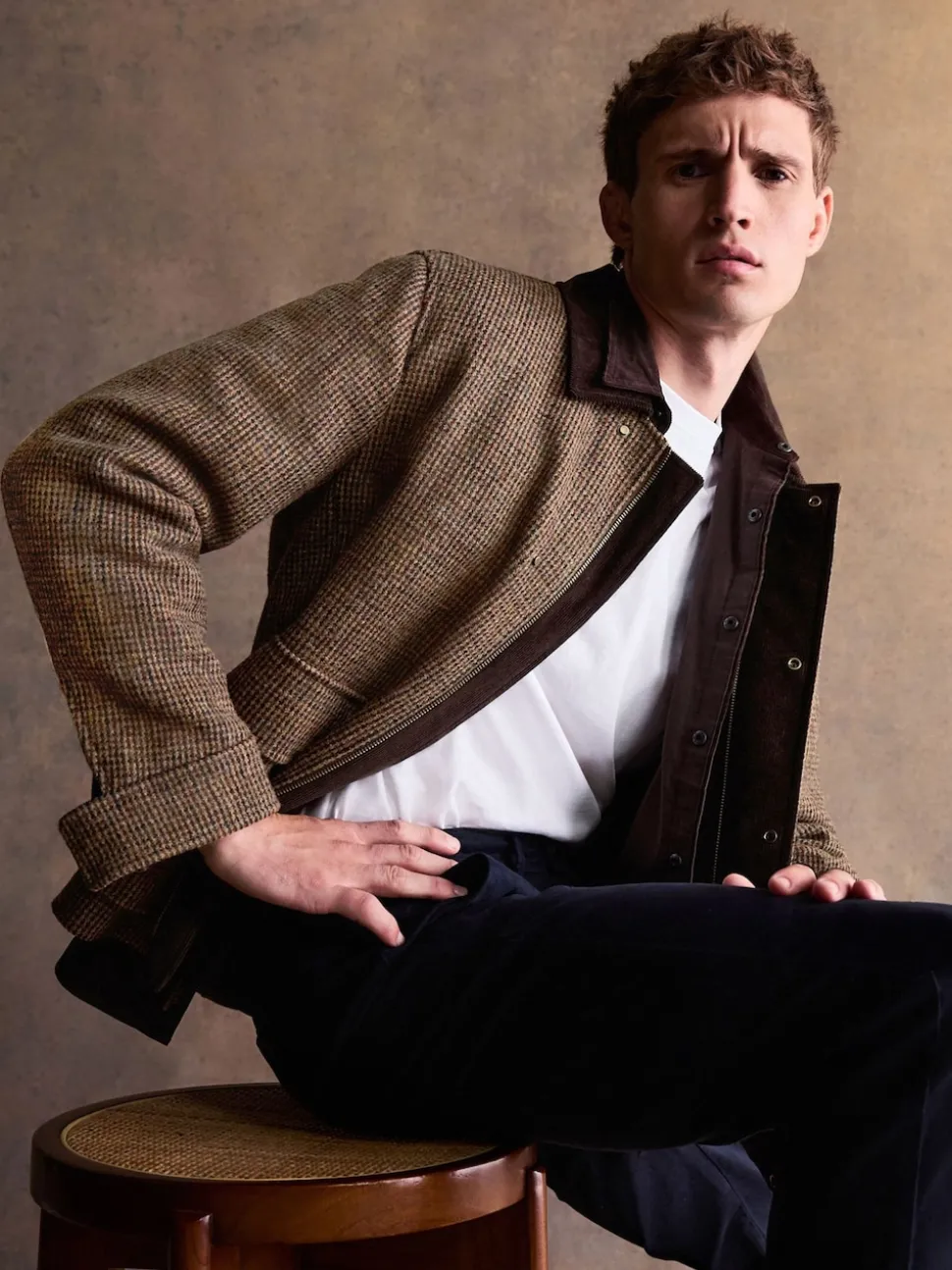 Brown Signature Harris Tweed Puppytooth Corduroy Collar Jacket