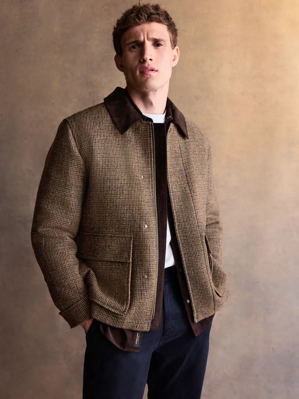 Brown Signature Harris Tweed Puppytooth Corduroy Collar Jacket