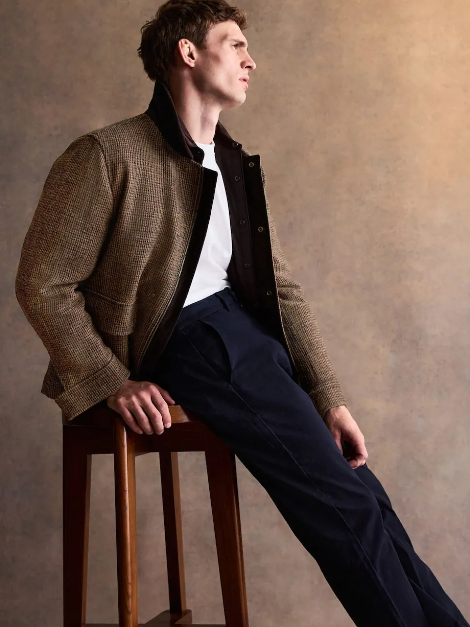 Brown Signature Harris Tweed Puppytooth Corduroy Collar Jacket