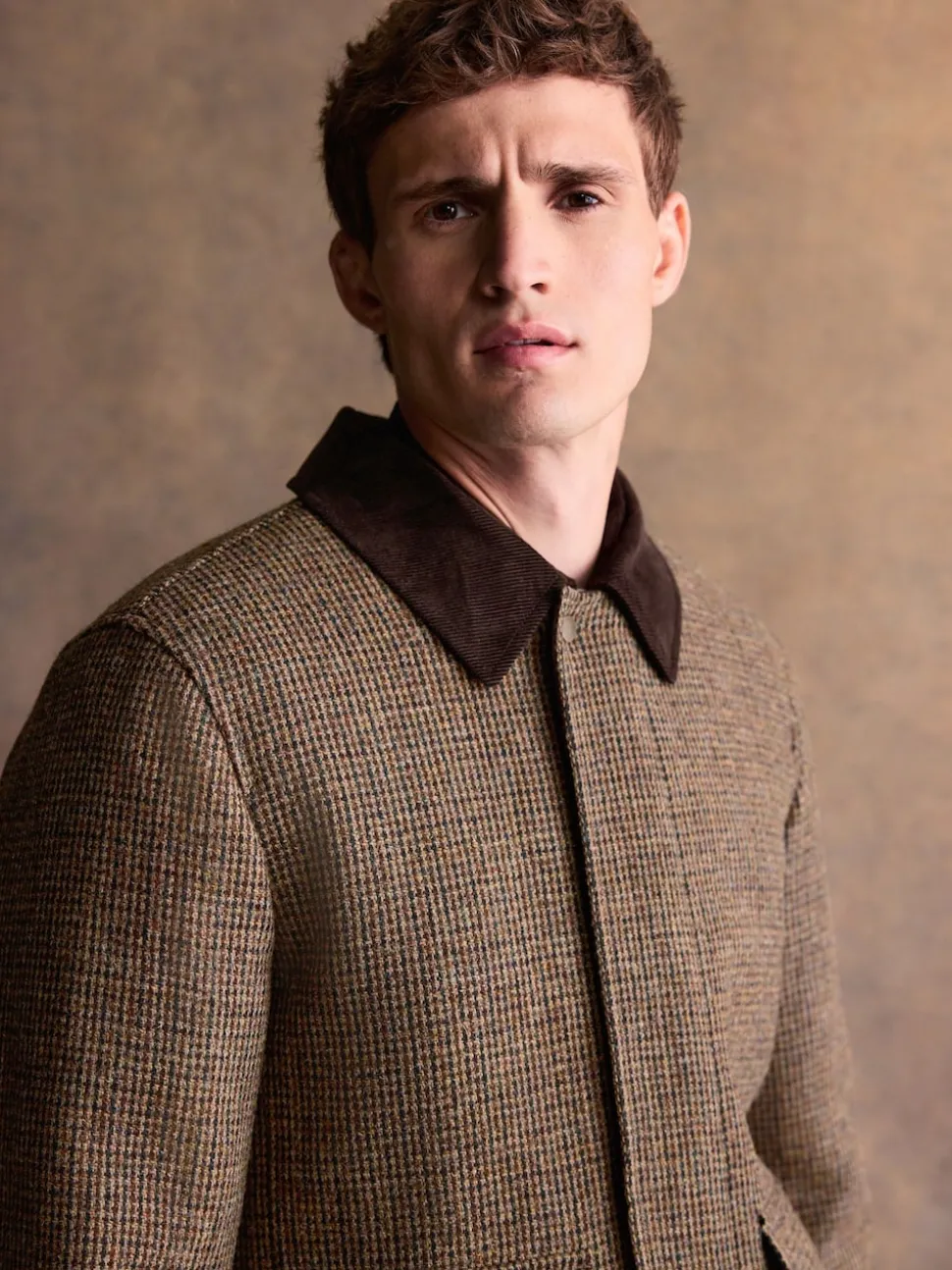 Brown Signature Harris Tweed Puppytooth Corduroy Collar Jacket