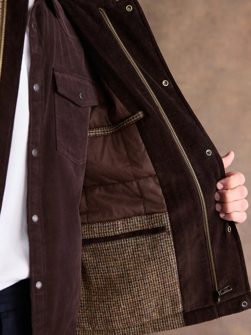 Brown Signature Harris Tweed Puppytooth Corduroy Collar Jacket