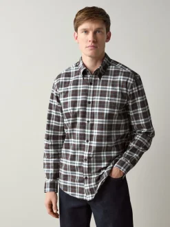 Brown Slim Fit Long Sleeve Check Stretch Oxford Shirt