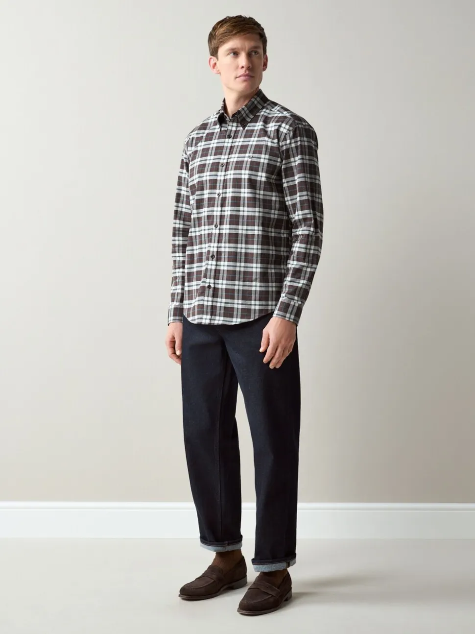Brown Slim Fit Long Sleeve Check Stretch Oxford Shirt