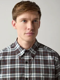 Brown Slim Fit Long Sleeve Check Stretch Oxford Shirt