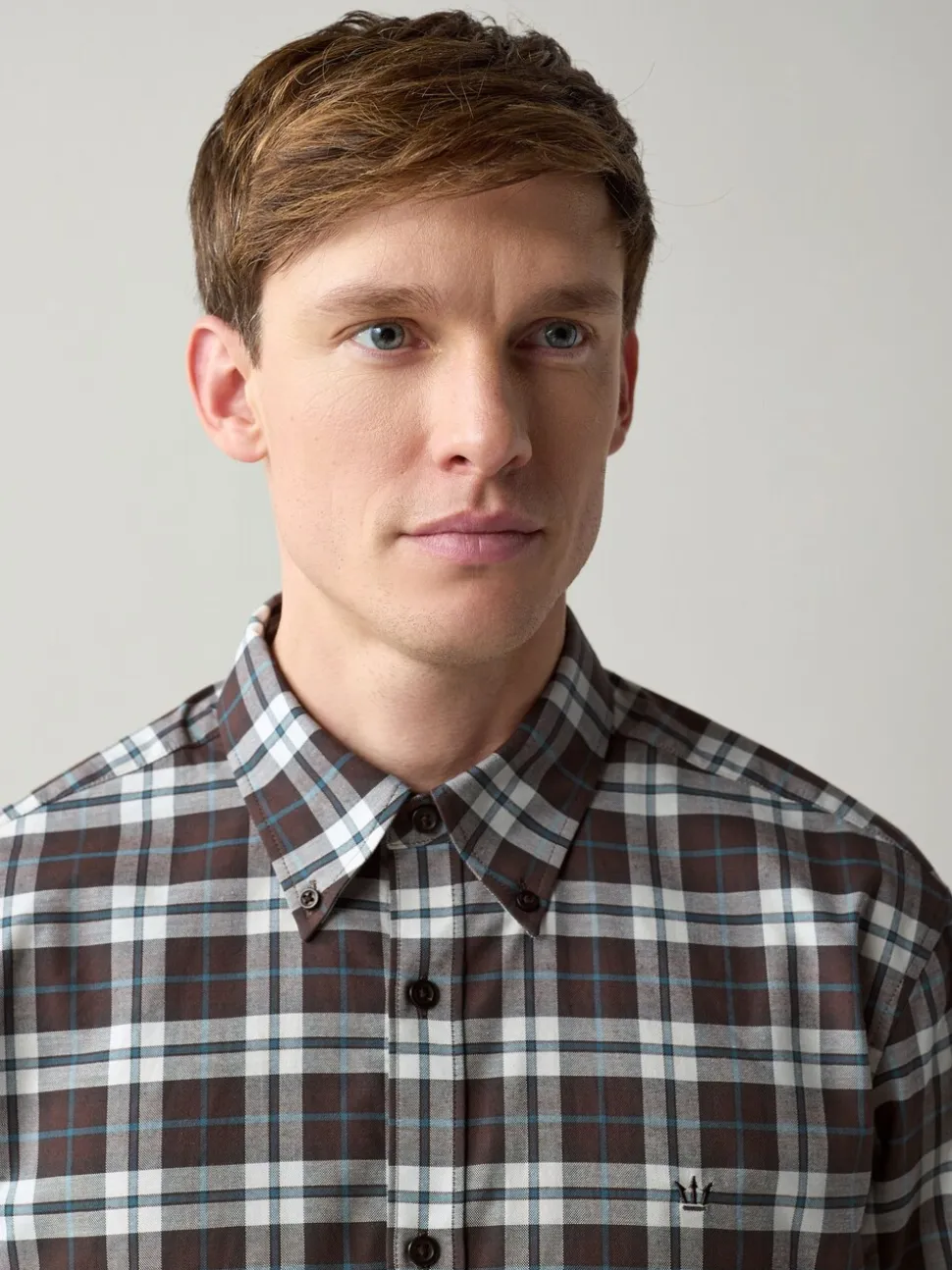 Brown Slim Fit Long Sleeve Check Stretch Oxford Shirt