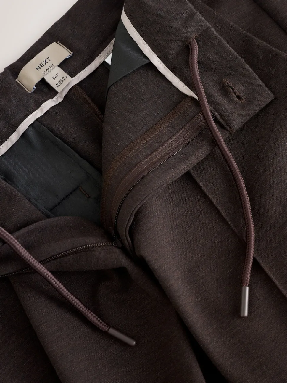 Brown Slim Fit Smart Elasticated Waistband Trousers With Wool Content